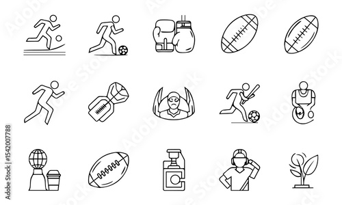 A line art depiction of sports icons football boxing gloves running etc