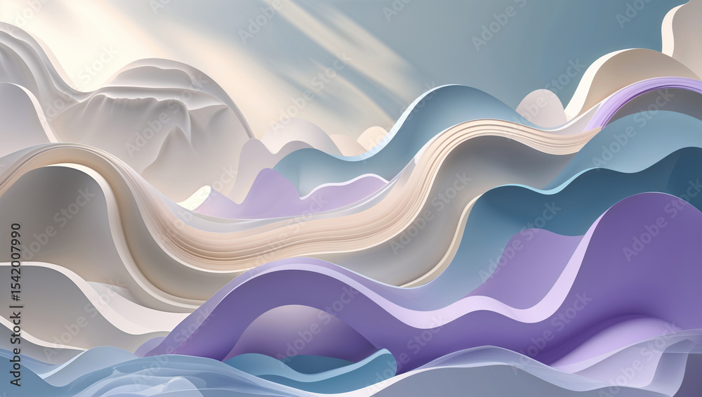 Obraz premium Abstract pastel landscape with layered paper waves in shades of purple blue and beige colors art