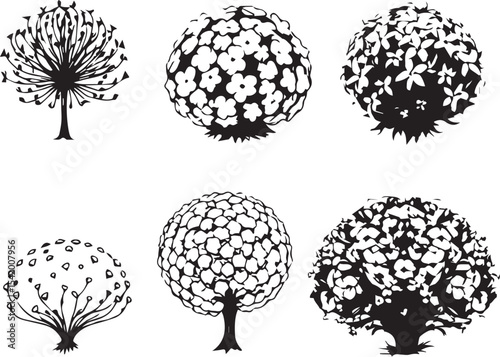 A set of shrubs and trees. Hand drawn vector illustration