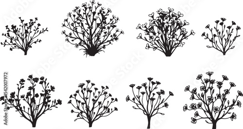 A set of shrubs and trees. Hand drawn vector illustration