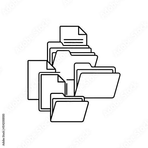A line art image of stacked open folders and loose papers creating an organized yet full appearance