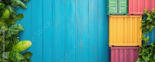 Colorful Container Wall with Green Leaves