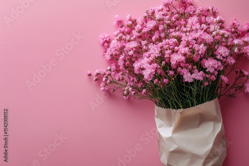 Pink gypsophila bouquet in a paper bag on a pink wooden surface. Use this image for romantic cards, invitations, or web design.