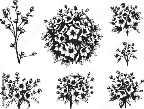A set of shrubs and trees. Hand drawn vector illustration