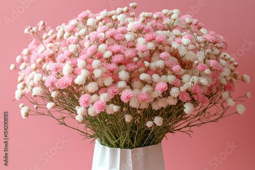 Pink and white Gypsophila flowers in vase, set against a matching pink backdrop. Use as an illustration of love or a gentle celebration.