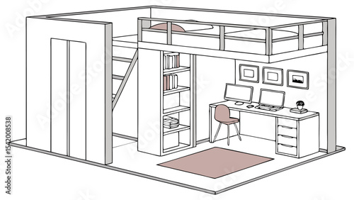 Isometric view of a room with a loft bed, a desk with computers, and a bookshelf, all in a minimalist style