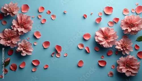 Elegant pink flowers and petals scattered on light blue textured backdrop. Perfect for spring designs, backgrounds, or adding a feminine touch.