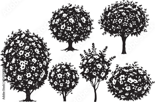A set of shrubs and trees. Hand drawn vector illustration