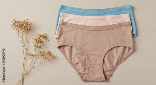 Women's cotton underwear in pastel colors on beige background  