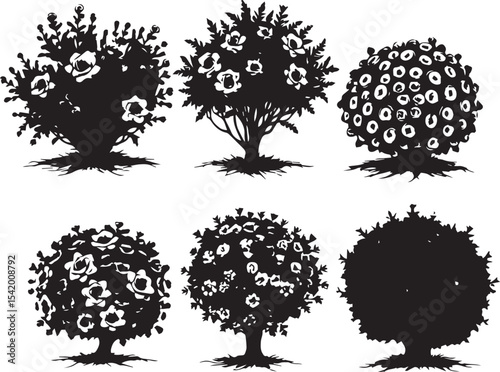 A set of shrubs and trees. Hand drawn vector illustration