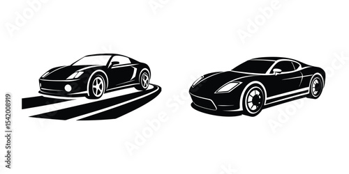 Minimal Flat Silhouette of a Smooth Sports Car Skimming Pavement from Low Angle on White Background