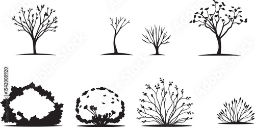 A set of shrubs and trees. Hand drawn vector illustration
