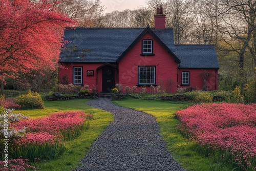 Charming red cottage with a stone path and pink flowers in a sunny, green garden. Perfect image to showcase countryside living, gardens or a peaceful vacation.