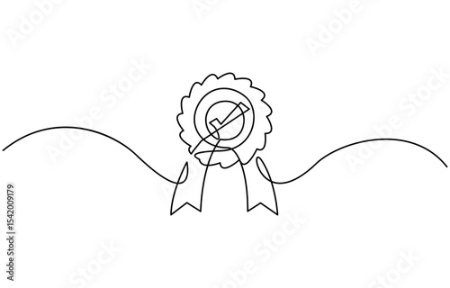 One continuous line drawing of winner award badge with tick. High quality product, content creators, public figures.single line vector illustration.