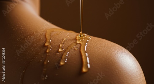 Oil dripping down smooth skin in warm indoor ambiance  