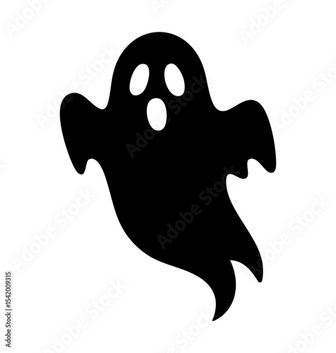 Simple black silhouette of a cartoon ghost in vector format. Ideal for Halloween decorations, spooky party invitations, kids designs, and seasonal greeting cards.