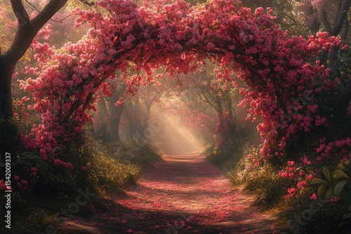 Magical path with a blooming archway of pink flowers and sunlight. Evokes feelings of romance, nature, tranquility, or whimsical themes.