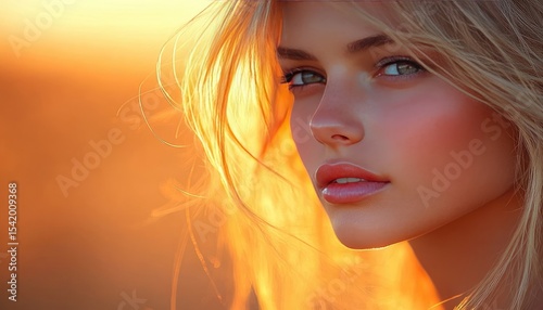 Close-up portrait of a blond woman with green eyes bathed in golden light. Use for beauty, fashion, or lifestyle imagery requiring warmth and elegance.