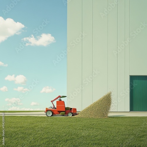Spreader Machine on Green Grass Next to Building