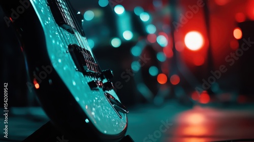 A close-up of an electric guitar leaning against a stand on stage, illuminated by colorful lights, capturing the essence of live music and the excitement of a vibrant concert atmosphere.