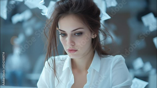 Young Woman In Office Overwhelmed By Papers, Lit By Natural Light, Contemplating Laptop In Cool Environment, Highlighting Light Skin, Brown Hair, And Chaotic Work Environment Near Window