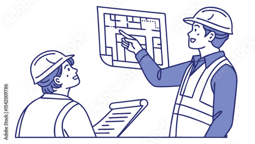 Two construction workers reviewing a blueprint with one pointing at the plan and the other taking notes