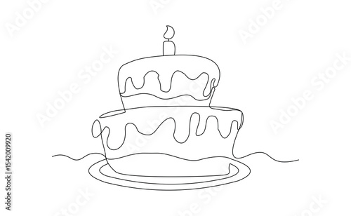 Continuous line of creamy sweet birthday cake with candle and topping. Traditional birthday bakery dessert for party. Editable stroke sketch drawing vector illustration