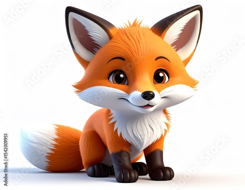 Cartoon baby fox with blushing cheeks and tiny paws, looking up curiously, white background.
