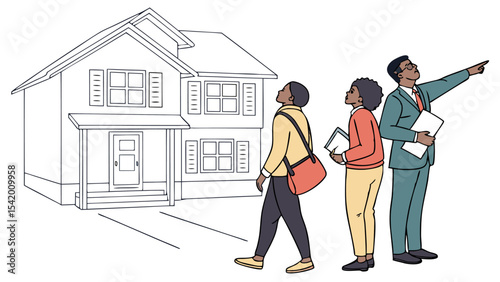 People inspecting a house with an agent pointing towards something and holding documents in hand outside home
