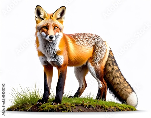 Cute cartoon fox in a playful crouch, ready to pounce with a grin, separate white background.