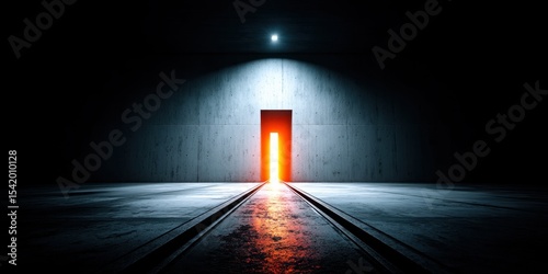 Doorway Glowing Red Light in Dark Concrete Tunnel