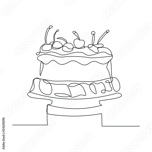 Continuous line of creamy sweet birthday cake with candle and topping. Traditional birthday bakery dessert for party. Editable stroke sketch drawing vector illustration