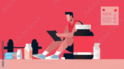 Man using laptop surrounded by gym supplements and equipment in red room Nutrition and diets