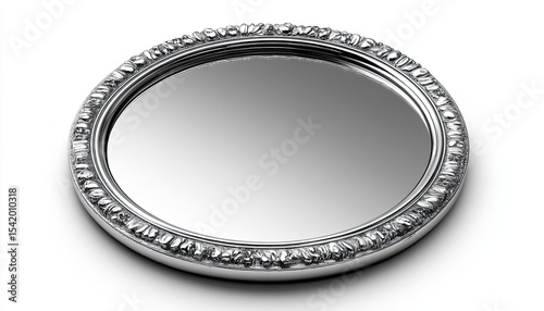 Shiny, round, ornate silver tray isolated on white surface. Excellent for presenting drinks, desserts, or displaying decorations.