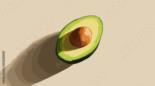 Half avocado with stone casting shadow on beige background Nutrition and diets