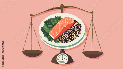 Balanced plate with salmon quinoa and greens on scale symbolizing portion control Nutrition and diets