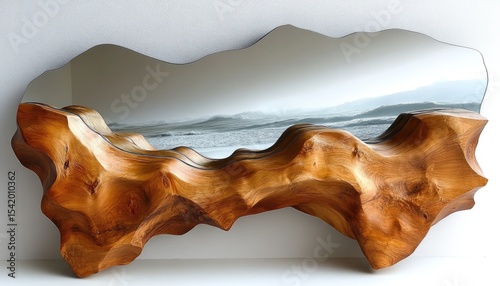 Abstract mirror with wooden frame showing a cloudy beach scenery. Use this image for interior design, or creative art concepts.