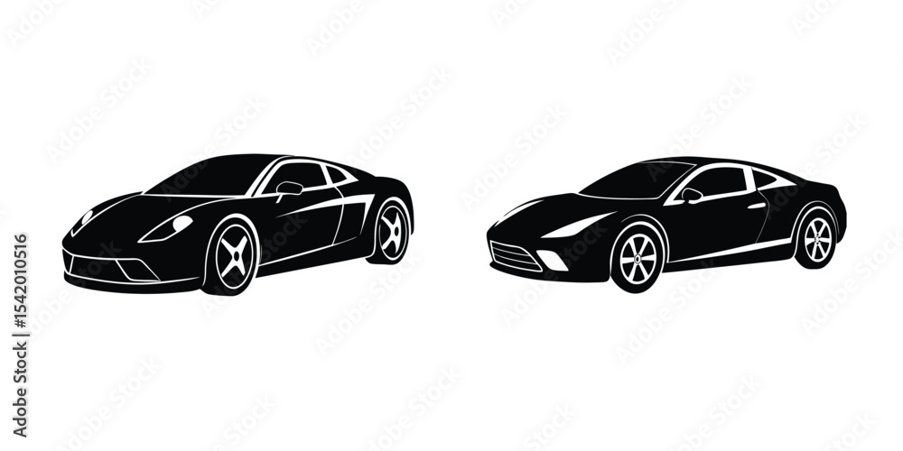 Obraz premium Modern Flat Artwork of a Sleek Sports Car Sliding in Three-Quarter Front View Silhouette on White Background