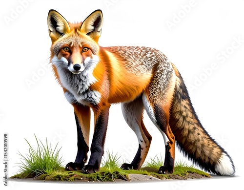 Cute fox lying on its belly with its tail swirled around, eyes wide and bright, on white.