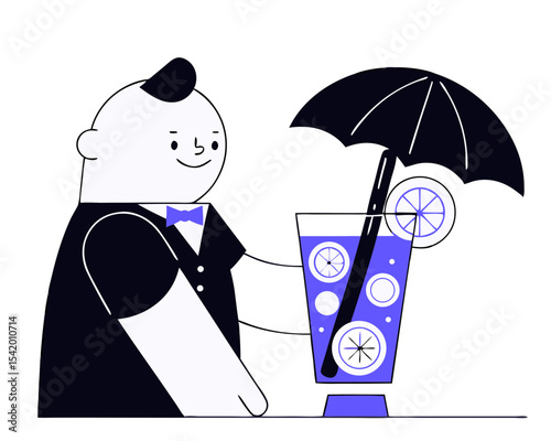 Tiny man putting straw into glass of summer cocktail, flat vector illustration isolated on white background. Tiny bartender or barman cartoon character preparing drink