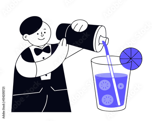 Tiny man putting straw into glass of summer cocktail, flat vector illustration isolated on white background. Tiny bartender or barman cartoon character preparing drink (