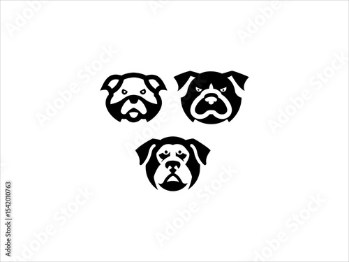 Three Black and White Dog Head V E C T O R Illustrations Bulldog Pug Boxer Breeds Canine Animal Icons