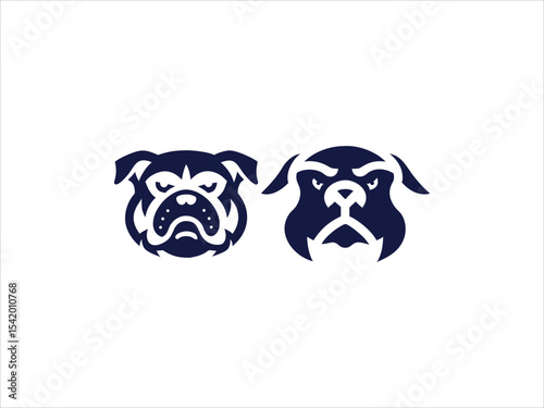 Two Dark Blue Bulldog Head Vector Illustrations Side by Side White Background heads face