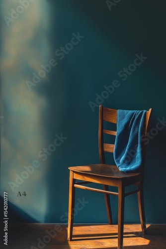 Wooden Chair and Blue Towel Against Dark Wall