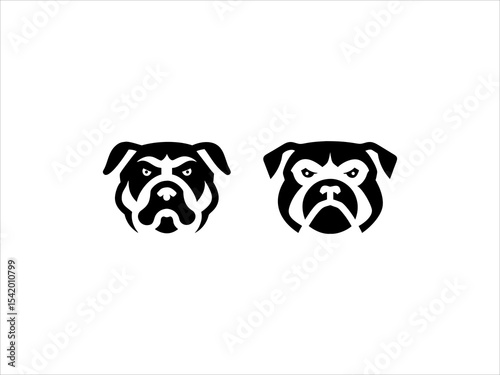 Two Black and White Bulldog Head Vector Illustrations Side by Side Simple Graphic Design Elements face