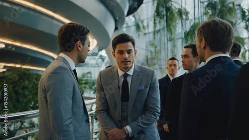 Businessmen Talking in Modern Lobby