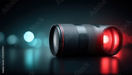 Camera Lens on Dark Surface with Blurred Lights