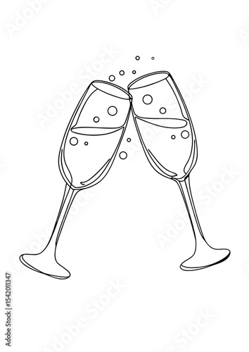 Continuous line champagne glasses clinking with bubbles splash