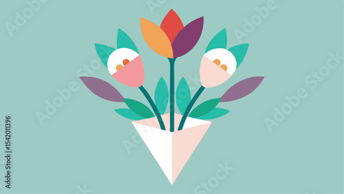 Modern vector illustration of colorful flowers in a geometric triangular vase design