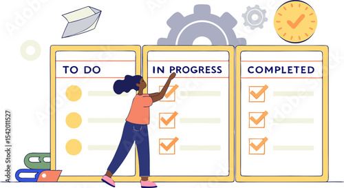 Illustration of a woman updating a kanban board with to do in progress and completed tasks and clock gear